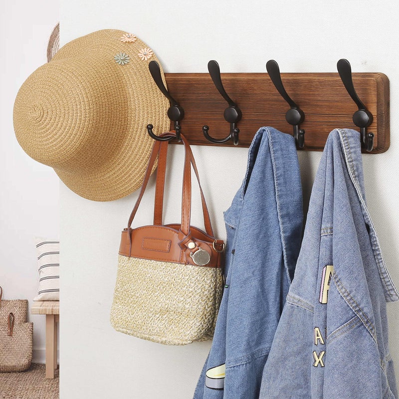Dseap Coat Rack Wall Mounted - 5 Tri Hooks, Heavy Duty, Wooden Wall Coat Hanger Coat Hook for Clothes Hat Jacket Clothing, Natural & Black, 2 Packs - Image 2